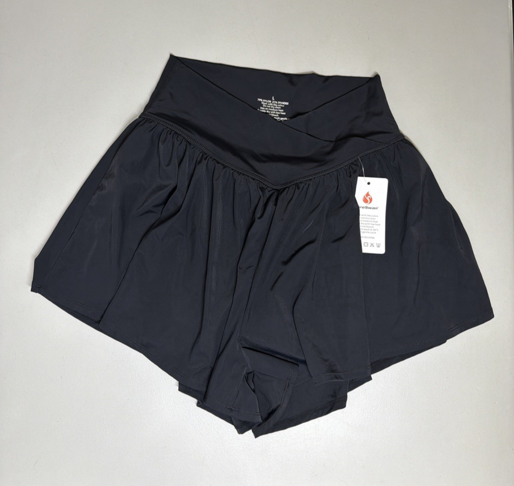FireSwan Crossover Athletic Shorts Womens L Black 2 in 1 Flowy Running Shorts